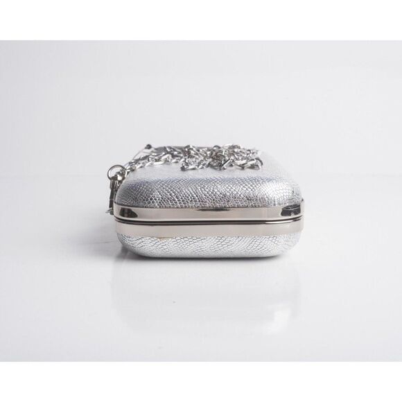 Chiara Boni Women Sliver Sparkle 40 Bianco Chain Leather Gloria Clutch Purse Box - Picture 6 of 8